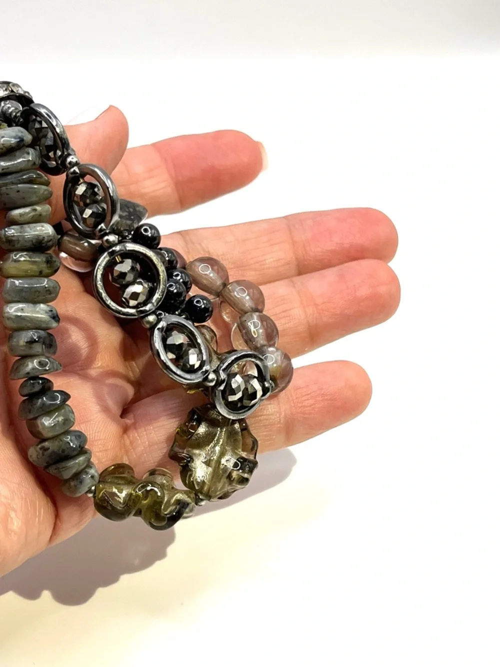Treska Gray Beaded Silver Stretch Double Bracelet Set Gray Gun Metal Bracelets